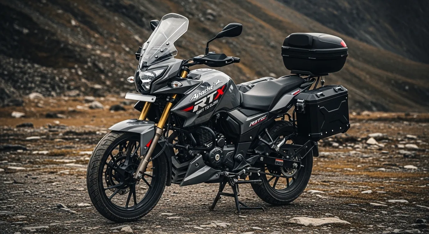 TVS Apache RTX 300 adventure bike front view with rugged design and LED headlamp