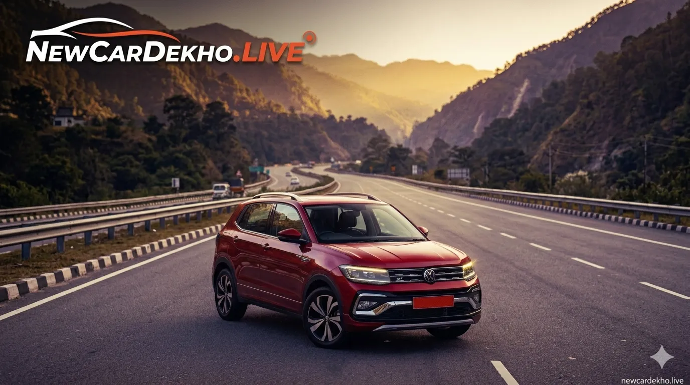 2026 Volkswagen Taigun GT facelift parked on highway with sporty German SUV styling and LED light bar