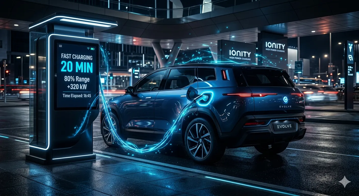 Futuristic electric SUV charging at a fast charging station with glowing energy effects and digital display showing EV charging status.