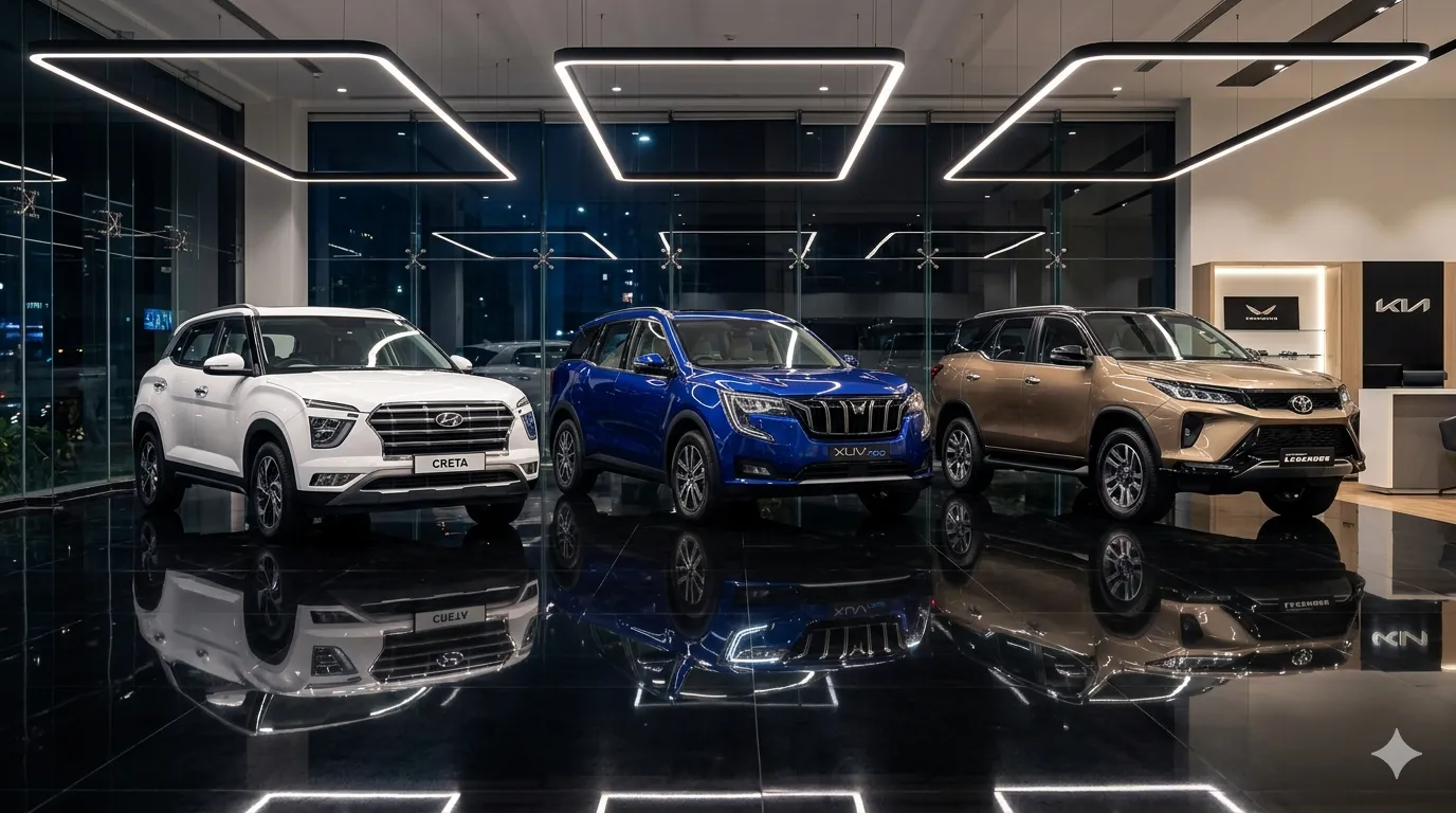 A comparison of Hyundai Creta with premium SUVs including Mahindra XUV700, Tata Safari, and Toyota Fortuner showing an upgrade concept.